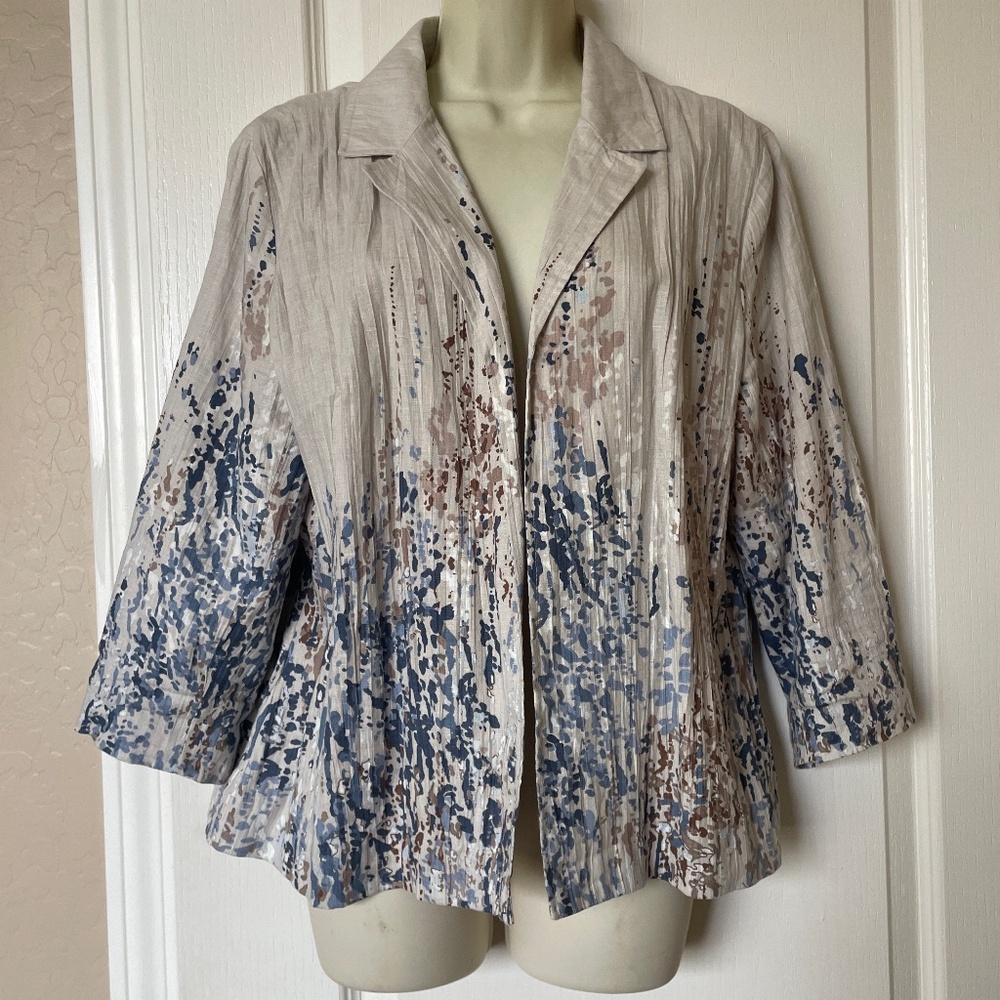 Coldwater Creek Splash Print Crinkle Linen Jacket - L - Blue, Cream, Tan